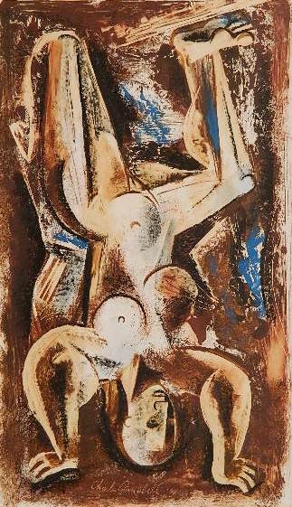 Charles Campbell oil on paper: Charles Campbell- Female Figure Standing on Lands- oil on paper, 1946, signed Charles Campbell '45 lower center, tape to corners. 16 x 9''