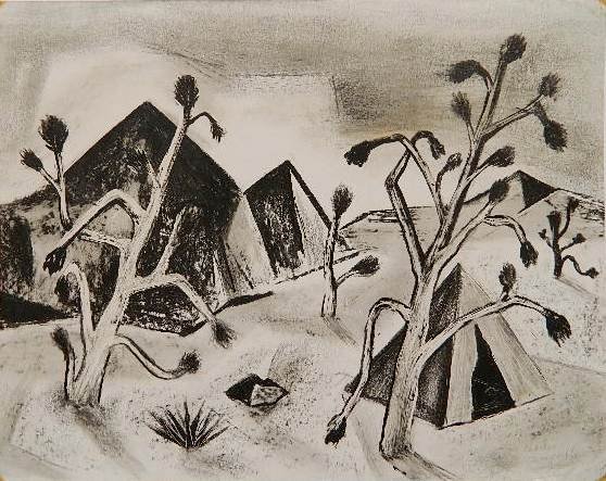 Charles Campbell pen and ink drawing: Charles Campbell- Landscape with Mountains and Pyramids- pen and ink on paper, signed Charles Campbell lower right, tape to corners. 9 x 11 1/4''