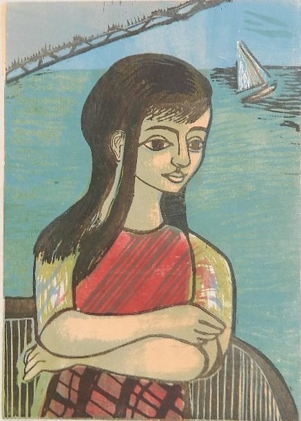 Ruth Chaney linocut: Ruth Chaney- ''Fair Sailing''- linocut in colors, signed and titled in pencil, stamped 'New York City WPA Project', some creases and handling creases, minor staining and foxing in margin and verso. 14