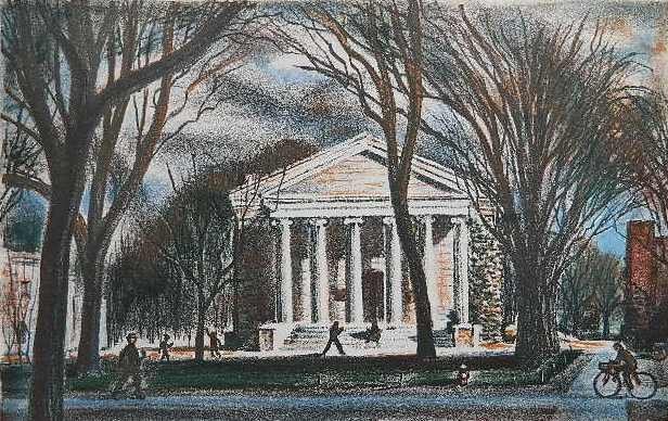 John C. Menihan lithograph: John C. Menihan- Princeton University- lithograph, c. 1940's, signed in pencil, light struck and laid down to support board. 9 1/8 x 14 1/2''