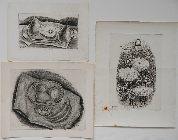 George Constant 3 drypoints: George Constant- ''Queen Ann's Lane''; ''Pears'' and ''Still-Life with Fruit''- 3 drypoints, all signed and 2 titled in pencil, 'Pears' and 'Still-Life' also stamped NYC WPA, tears, creases, soiling a