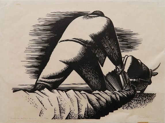 Richard V. Correll linocut: Richard V. Correll- ''Digging Puget Sound''- linocut, 1939, signed and titled in pencil, good condition. 9 1/2 x 13''