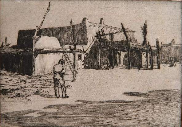 John Wesley Cotton intaglio: John Wesley Cotton- ''Pueblo New Mexico''- etching, drypoint and aquatint, ca. 1910, foxing throughout margins. 5 x 7''
