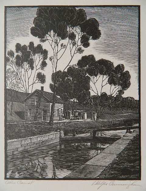 W. Phelps Cunningham wood engraving: W. Phelps Cunningham- ''Ohio Canal''- wood engraving, 1932, signed in pencil, edition of 250 published by the Print-A-Month Club, Cleveland. 7 1/4 x 6''