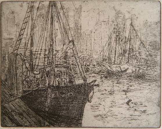Leon Dolice etching in blue gray: Leon Dolice- ''New York Harbor''- etching in blue gray, signed and titled in pencil, good condition. 6 x 7 1/2''