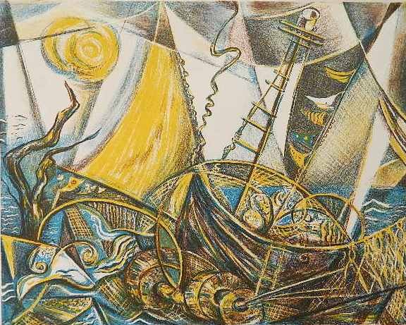 Dorothy Labell Feigin lithograph: Dorothy Labell Feigin- ''Sails''- lithograph in colors, c. 1950's, signed, titled and numbered 3/12 in pencil, light struck and loss in lower left corner, not affecting image. 13 x 16 3/8''