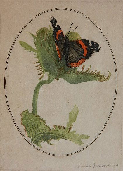 Hans Frank woodcut: Hans Frank- ''Butterfly #4''- woodcut in colors, 1924, signed and dated in pencil, light struck and creased at corners, otherwise good condition. 6 1/8 x 4 5/8''