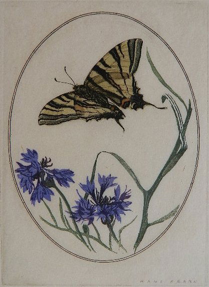 Hans Frank woodcut: Hans Frank- ''Butterfly with Purple Flowers''- woodcut in colors, c. 1930, signed in pencil in image, good condition. 7 x 5''