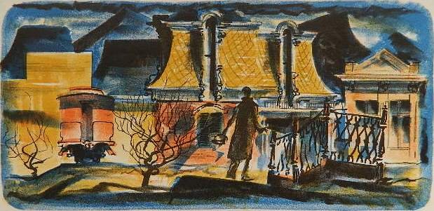 Edwin Fulwider lithograph: Edwin Fulwider- ''Reveric (#2)'' (McIntyre & Kielsmeier 58)- lithograph in colors, 1949, signed and annotated ' /25' in pencil. 5 5/16 x 11 1/16''