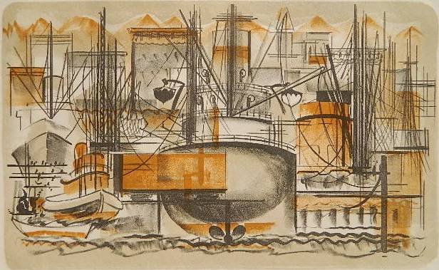 Edwin Fulwider lithograph: Edwin Fulwider- ''Port of Seattle'' (McIntyre and Kielsmeier 70)- lithograph in colors, 1951, signed in pencil, edition of 25. 9 1/16 x 14 11/16''