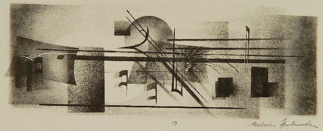 Edwin Fulwider airbrush lithograph: Edwin Fulwider- Untitled Abstract (#9) (McIntyre & Kielsmeier 117)- airbrush lithograph, 1976, signed in pencil, edition of 15, very good condition. 3 1/2 x 9 3/4''