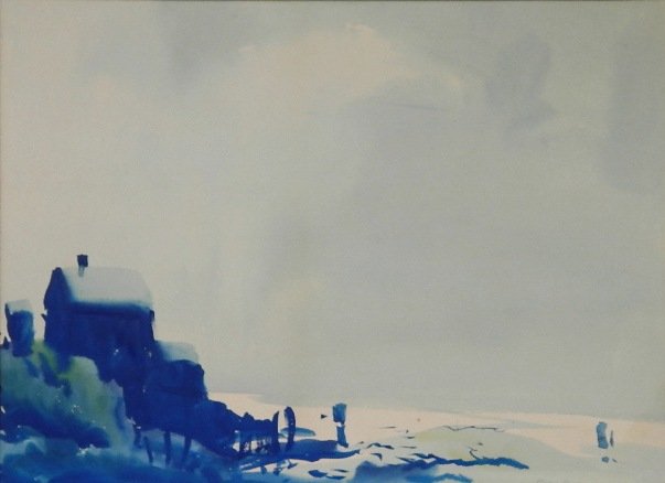 Carl Gaertner watercolor: Carl Gaertner- House by Water- watercolor on paper, signed 'Carl Gaertner' in pencil lower right, light struck. 13 3/4 x 9''