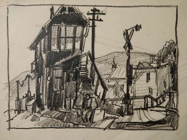 Carl Gaertner conte crayon: Carl Gaertner- Railroad with Figure- conte crayon on paper. 8 x 10''