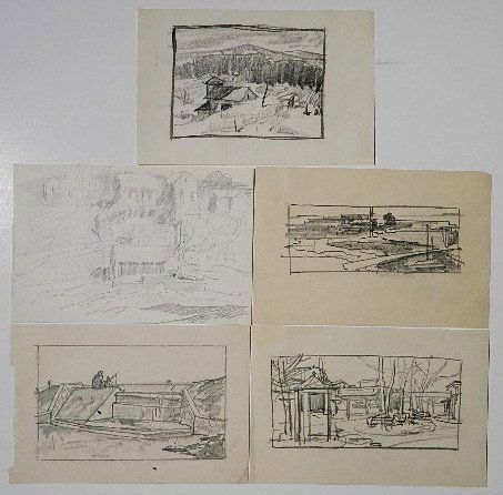 Carl Gaertner 5 graphite: Carl Gaertner- Landscapes- 5 graphite on cream paper. 6 x 9'' ea. (sheet)