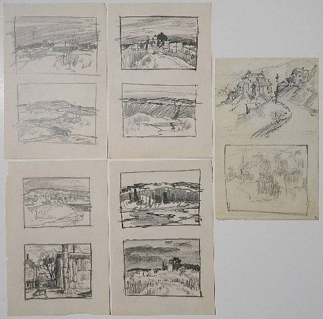 Carl Gaertner 5 graphite: Carl Gaertner- Landscapes- 5 graphite on cream paper. 6 x 9'' ea. (sheet)