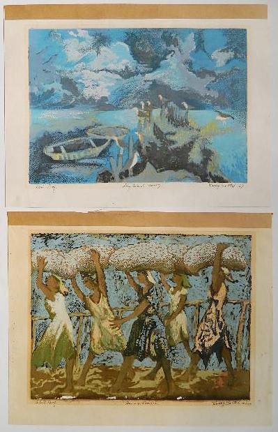 Harry Gottlieb 2 serigraphs: Harry Gottlieb- ''Long Island Memory'' and ''Banana Loaders''- 2 serigraphs in colors, 1967, signed, dated, titled and inscribed Artists Proof in pen and ink, both slightly light struck, tape remnants