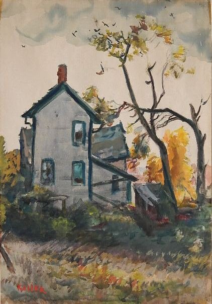 Henry G. Keller watercolor: Henry G. Keller- Abandoned House- watercolor on paper, signed Keller lower left. 17 x 12'' Exhibited: Charles Burchfield and His Teacher - Charles Burchfield Center, Buffalo, New York, 1953.
