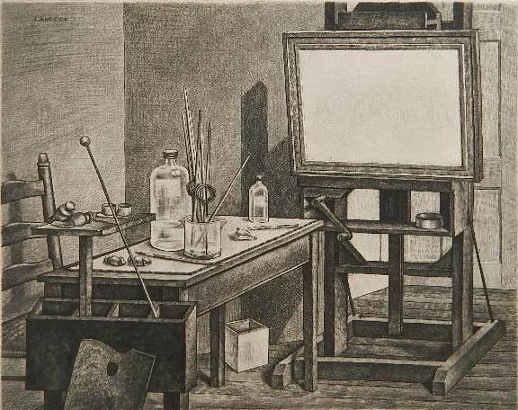 Armin Landeck drypoint: Armin Landeck- ''Studio Interior No. 2'' (Kraeft 58)- drypoint, 1936, signed and dated in pencil, edition of 100, abrasion lower left corner, otherwise good condition. 9 5/8 x 12 1/8''