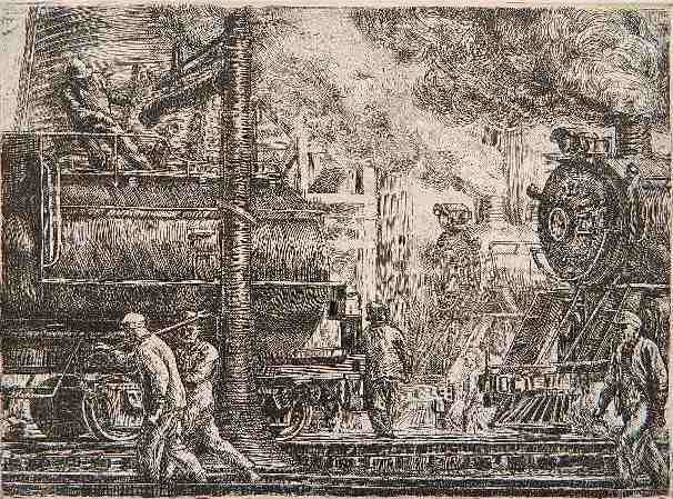 Reginald Marsh etching: Reginald Marsh- ''Erie R. R. Locos Watering'' (Sasowsky 155)- etching, 1934, numbered 2/100, Whitney Museum edition 1969. 8 3/4 x 11 3/4''