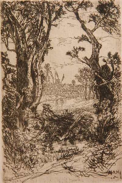 Mary Nimmo Moran etching: Mary Nimmo Moran- ''Summer, East Hampton (small plate)(Gilcrease 1426.95)(Klackner 30A)- etching, ca. 1883, old paper remnants on right edge, otherwise good condition. 5 3/4 x 3 3/4''