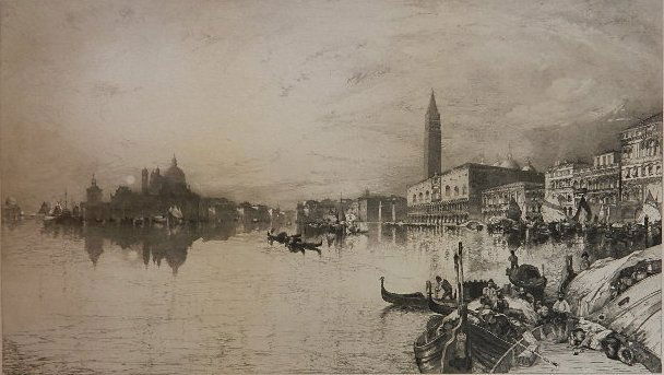 Thomas Moran etching: Thomas Moran- ''The Gate of Venice''- etching, 1888, signed in pencil, sandwiched and laid down. 17 1/4 x 31 1/4''