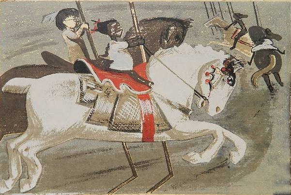 Elizabeth Olds screenprint: Elizabeth Olds- ''Carousel''- screenprint in colors, paper age toned, minor staining including ink stains in margins. 9 3/4 x 14 3/4''