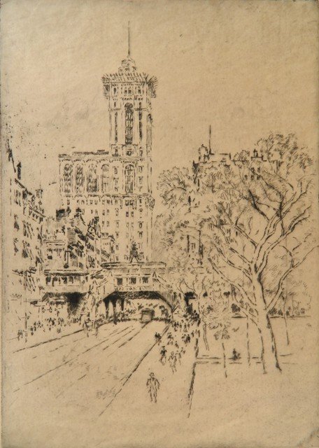 Joseph Pennell etching: Joseph Pennell- ''Times Building and 42nd St.'' (Wuerth 239)- etching, 1904, signed in pencil, edition of 75, margins uneven, toning, otherwise good condition. 11 7/8 x 8 3/8''