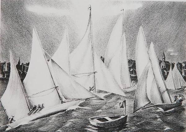 Ruth Starr Rose lithograph: Ruth Starr Rose- ''Jockeying For The Start''- lithograph, c. 1936, AAG edition of 200, tape stains verso, otherwise good condition. 9 5/8 x 13 3/4''
