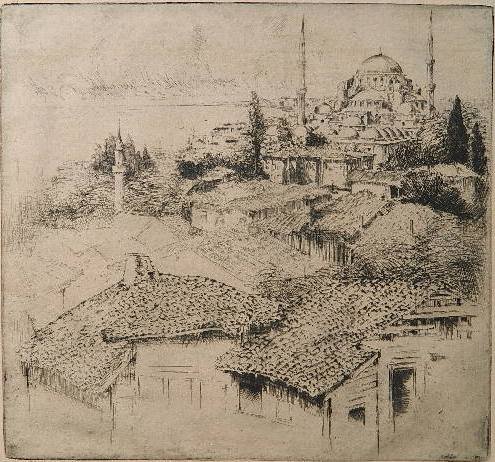 Ernest David Roth etching: Ernest David Roth- ''Stanbul''- etching, 1908, signed, titled and dated in pencil, heavily light struck, staining and toning in margins. 8 x 8 1/2''