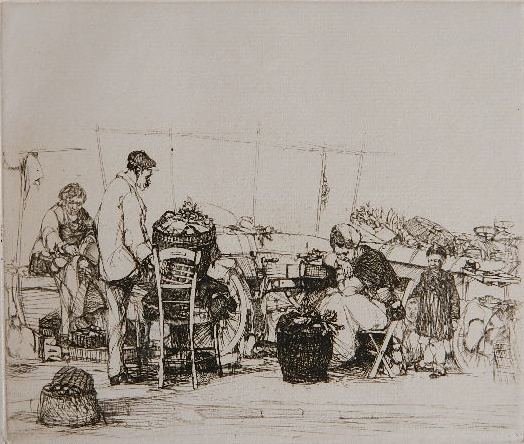 John Winkler etching: John Winkler- ''Le Petit Marche'' (Winkler 90)- etching, 1923, annotated in pencil, edition of 75, good condition. 6 x 7''