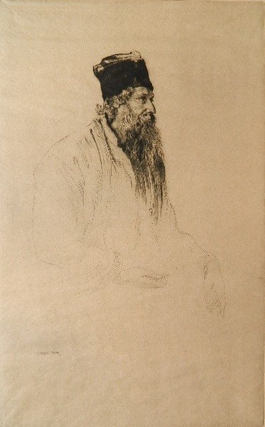 Muirhead Bone etching: Muirhead Bone- ''Portrait of Sir Rabindrauth Tagore''- etching, signed in pencil, rippling and creasing, otherwise good condition. 9 5/8 x 6''