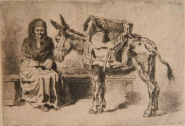 Felix Buhot etching and drypoint: Felix Buhot- ''Cacoletiere Assise'' (Bourcard / Goodfriend 58 ii/ii)- etching and drypoint, staining in margins, otherwise good condition. 4 3/8 x 6 1/4'' Ex-collection: F. A. Maglin (Lugt 17777).