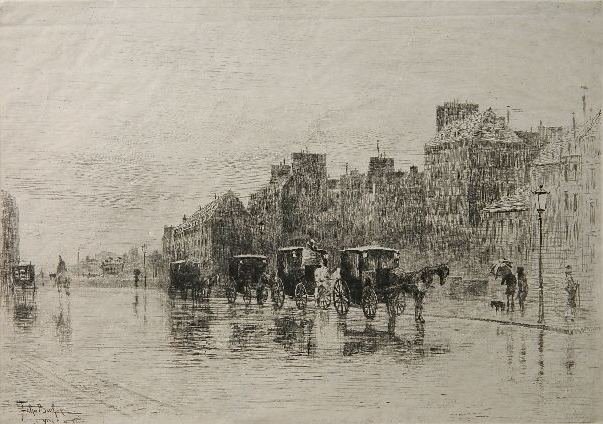 Felix Buhot etching: Felix Buhot- ''The Cab Stand''- etching, signed in plate, creasing, rippling and staining in margins, otherwise good condition. 9 1/4 x 11 1/2''