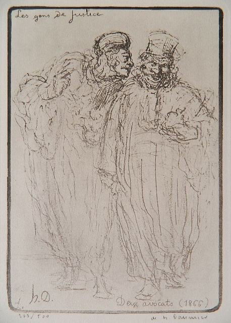 after Honore Daumier off-set lithograph: after Honore Daumier- ''Les Gens De Justice - Deux Avocats''- off-set lithograph, numbered 208/500 in pencil. 11 x 8''