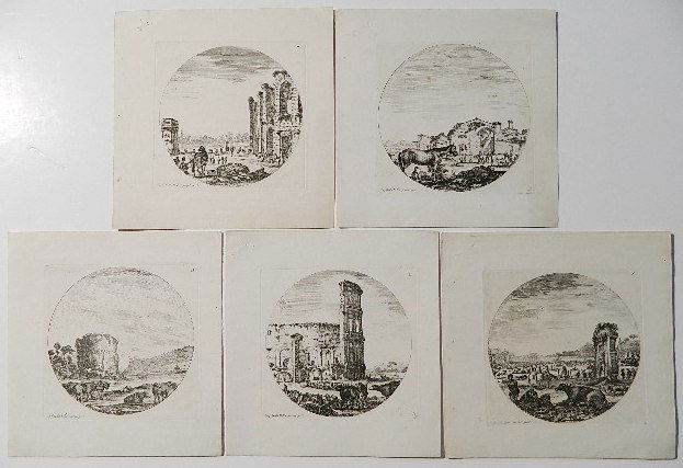 Stefano Della Bella 5 engravings: Stefano Della Bella- Roman Landscapes- 5 engravings, staining and punctures in margins. 5 1/4 x 5 1/4'' ea.