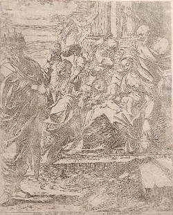 Carlo Maratta etching: Carlo Maratta- The Adoration of The Magi- etching, after Lodovico Carracci, The Illustrated Bartsch Vol. 47.015, margins trimmed, otherwise good condition. 9 x 7 1/4'' Ex-collection: J. K. Bronner (Lu
