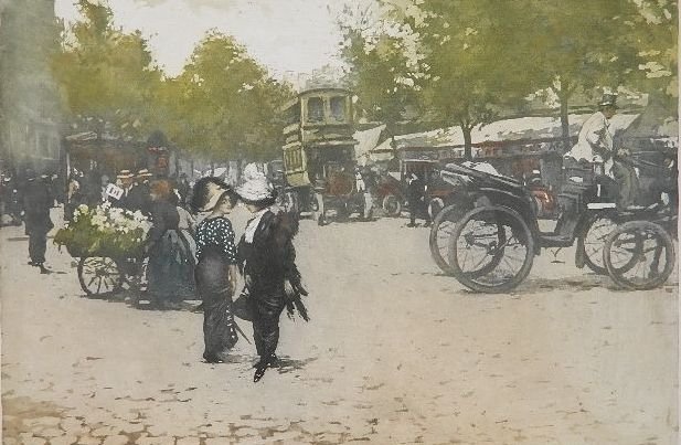 Manuel Robbe etching: Manuel Robbe- ''Femmes Dans La Rue''- etching in colors, signed and numbered 11 in pencil. 13 x 19 1/2''