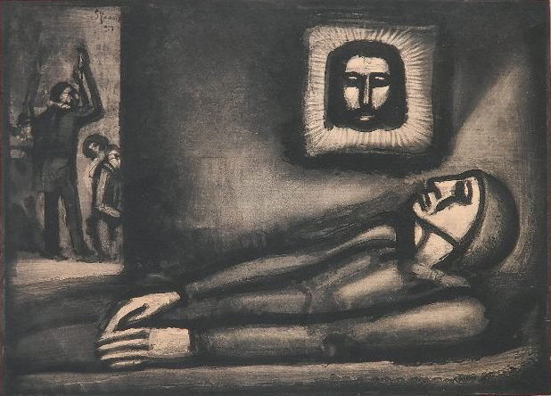 Georges Rouault etching and aquatint: Georges Rouault- ''De Profundis'' (Wofsy 154)- etching and aquatint, pl. 47 from 'The Miserere', light struck. 17 x 23 1/2''