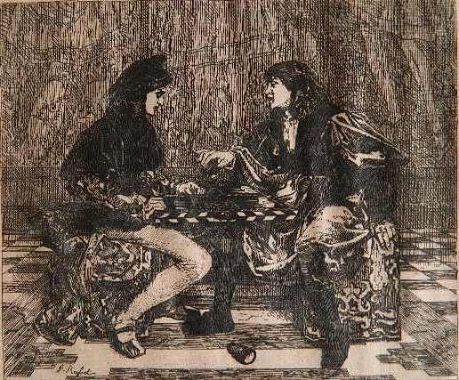 Ferdinand Roybet etching: Ferdinand Roybet- ''Les Joueurs de Tric-Trac'' (Beraldi 3)- etching, 1868, toning and staining, otherwise good condition. 5 3/8 x 6 1/4''
