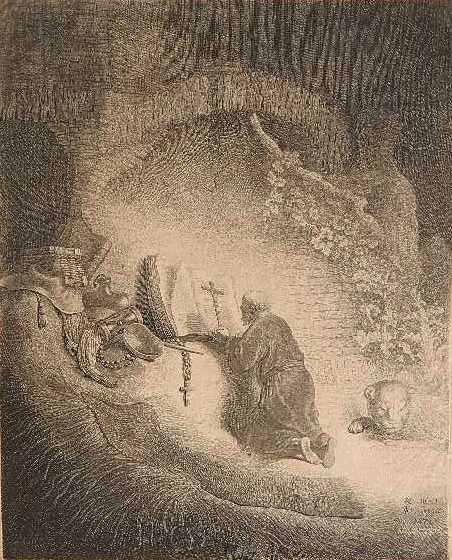 Jan Joris Van Vliet etching: Jan Joris Van Vliet- ''St. Jerome Kneeling in Prayer'' (Bartsch 13 ii/ii)- etching, 1631, after Rembrandt, trimmed, minor tears, soiling and staining. 14 1/8 x 11 3/8''