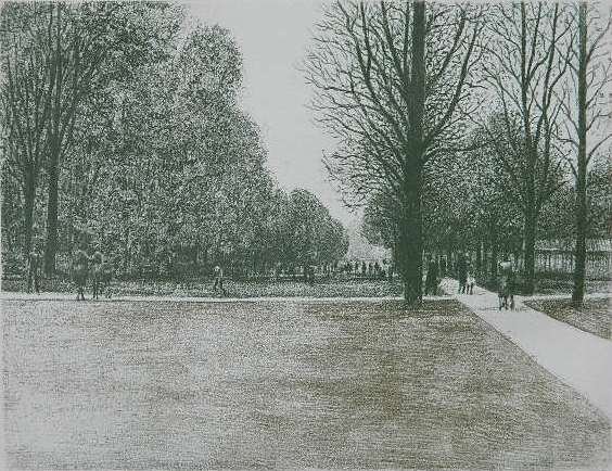 Harold Altman etching: Harold Altman- ''Jardin du Luxembourg''- etching in colors, signed, titled and numbered 71/160 in pencil, slightly light struck. 8 1/4 x 10 3/4''