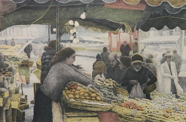 Harold Altman lithograph: Harold Altman- Market, Rue Mouffetard- lithograph in colors, 1981, signed, titled and numbered 16/285 in pencil, good condition. 17 x 25 3/4''