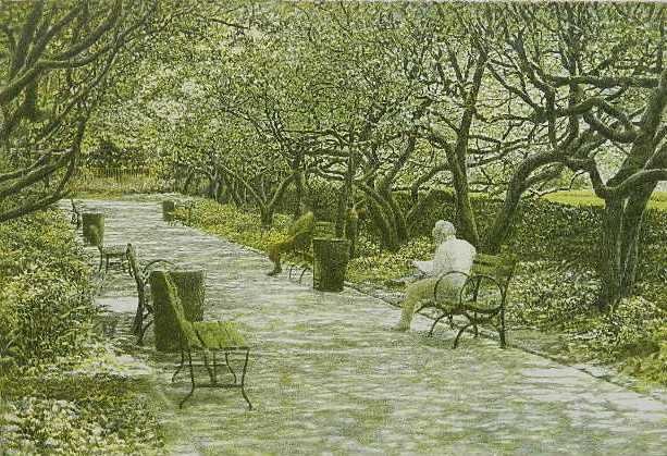 Harold Altman lithograph: Harold Altman- Benches- lithograph in colors, 1986, signed, dated, titled and numbered 116/285 in pencil, good condition. 16 1/4 x 24''