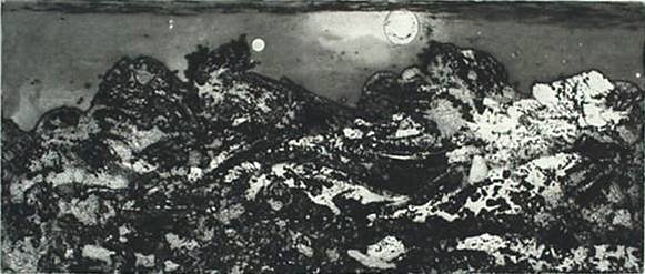 Juvenal Sanso etching: Juvenal Sanso (Spanish 1929-)- ''Lueurs''- etching and aquatint, 1961, signed in pencil, edition of 260, The Print Club of Cleveland publication no. 41, very good condition. 8 1/4 x 19 1/2'' 21 x 49.5