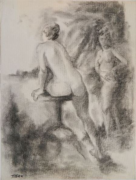 T. Turk charcoal on paper: T. Turk- Two Nudes- charcoal on paper, signed T. Turk lower left. 25 x 19''