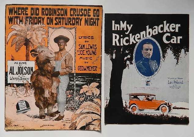 2 Vintage music sheets: 2 Vintage music sheets- Where Did Robinson Crusoe Go With Friday on Saturday Night; In My Rickenbacker Car- fair condition with creasing and tearing in various areas.