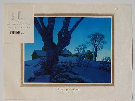 after Maxfield Parrish off-set lithograph: after Maxfield Parrish- ''Lights of Welcome''- off-set lithograph in colors after painting mounted on presentation sheet, for Haberacker Opticians' holiday greeting, as labeled, a puncture upper right