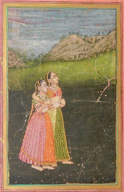 18th c. Indian, Mughal School painting: 18th c. Indian, Mughal School paining- Two Women Gazing at The Moon- pigment and gold on paper, some creasing and paint loss in paper. 8 1/4 x 5 1/8''