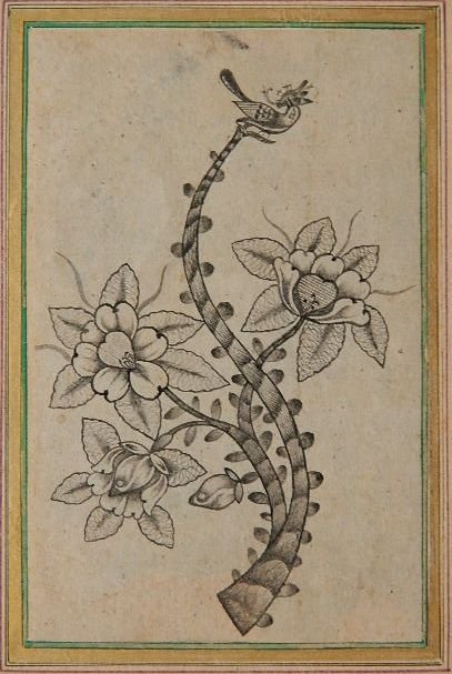 18th c. Indian, Mughal School painting: 18th c. Indian, Mughal School painting- Floral Design with Birth Eating an Insect- pigment and gold on paper. 5 1/4 x 3 1/4''