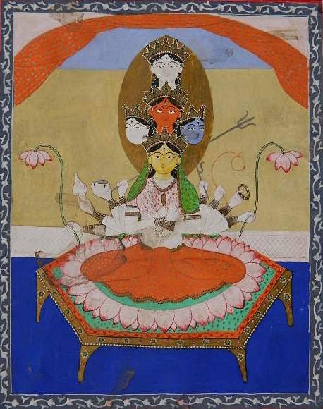 19th c. Indian, Punjab Hills, Pahari School leaf: 19th c. Indian, Punjab Hills, Pahari School leaf- The Goddess Devi- pigment and gold on paper. 9 1/2 x 7 1/2''